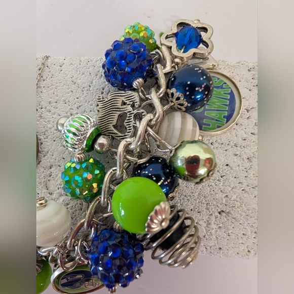 Seahawks Seattle Charm Bracelet Blue Green Beads Football Helmet Charms - Picture 2 of 5